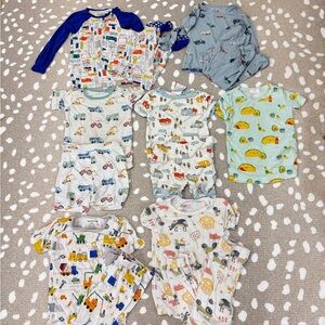 Lot of 12 Bamboo Pajamas set magnetic toddler boy kyte baby cars farm vehicles